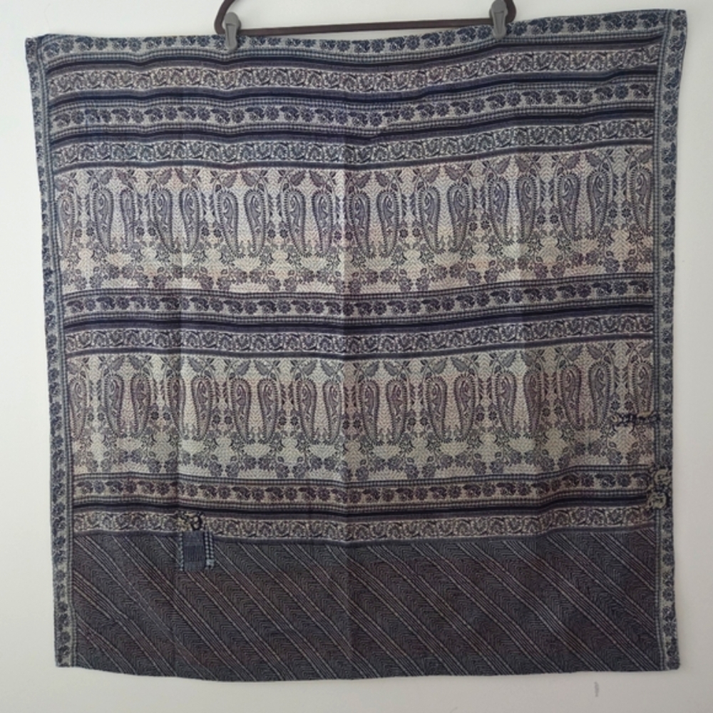 Mieko Mintz Kantha Cotton Patterned Blue Square Scarf Wrap